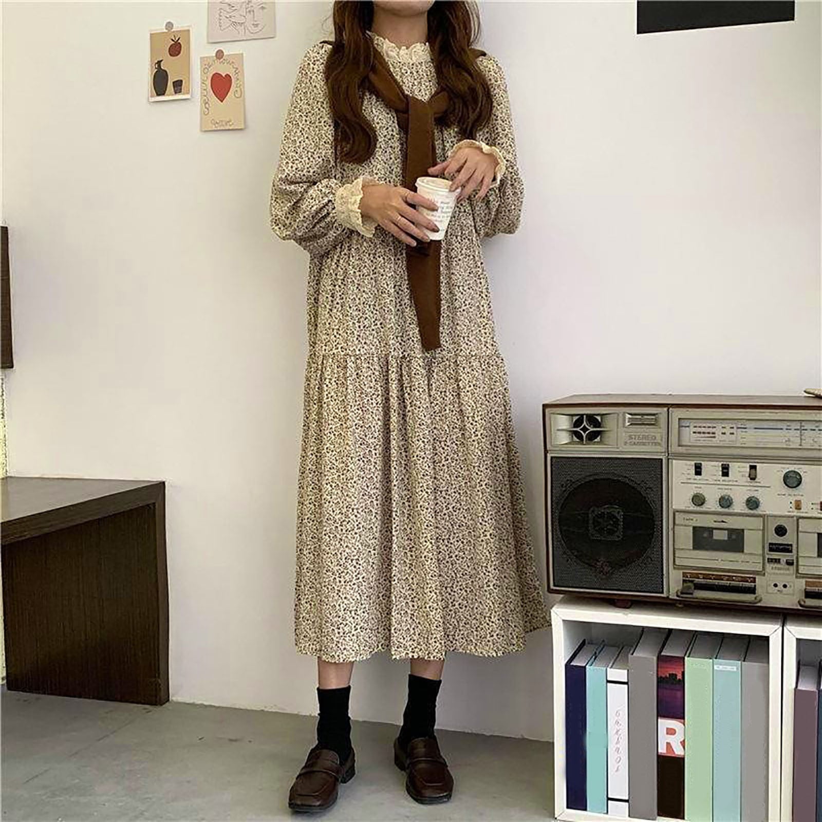 workwear winter dresses Casual For Womens Autumn Floral Crew Neck Long Sleeve High Waist Trendy Party Loose Maxi Dress Style-Color-Dim:AP1D106465_AI986_M Baby Birthday Dress Code Size:4XT