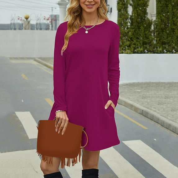 Casual Dresses For Womens Autumn Winter Solid Color Crew Neck Long Sleeve Pockets Shirt Dress Sportwear