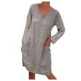 thumbnail image 1 of Casual Dresses For Womens Autumn Winter Solid Color V Neck Long Sleeve Pocket Loose Dress Holiday-Wear, 1 of 3