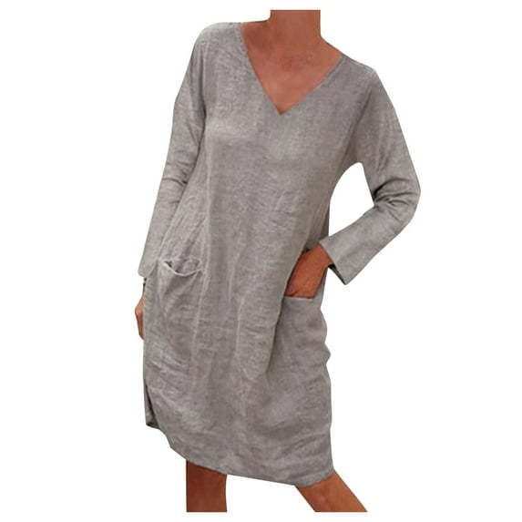 Casual Dresses For Womens Autumn Winter Solid Color V Neck Long Sleeve Pocket Loose Dress Holiday-Wear