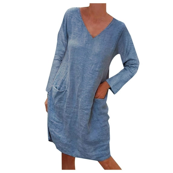 Casual Dresses For Womens Autumn Winter Solid Color V Neck Long Sleeve Pocket Loose Dress Outwear