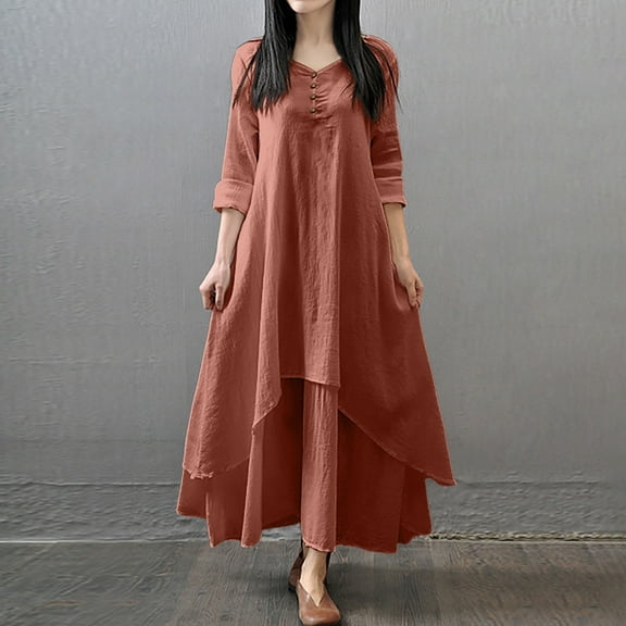 Casual Dresses For Womens Autumn Winter Two Artistic Large Swing Linen Loose Long Sleeve Cotton Linen Dress Outwear