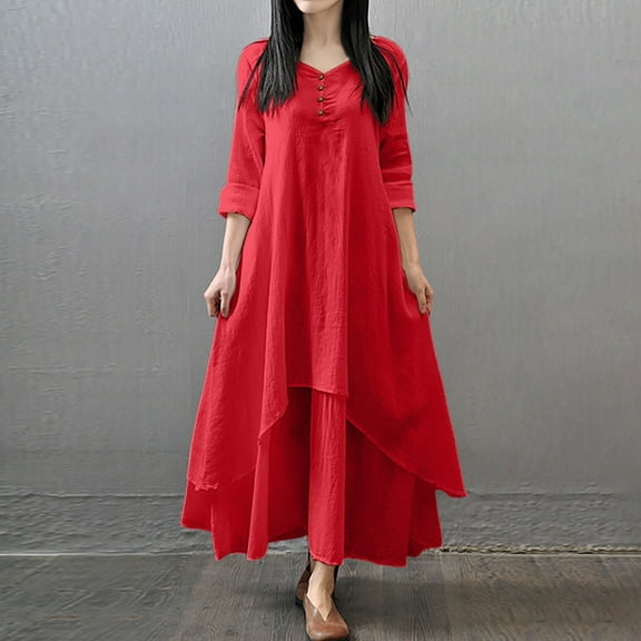 Casual Dresses For Womens Autumn Winter Two Artistic Large Swing Linen Loose Long Sleeve Cotton Linen Dress Sportwear