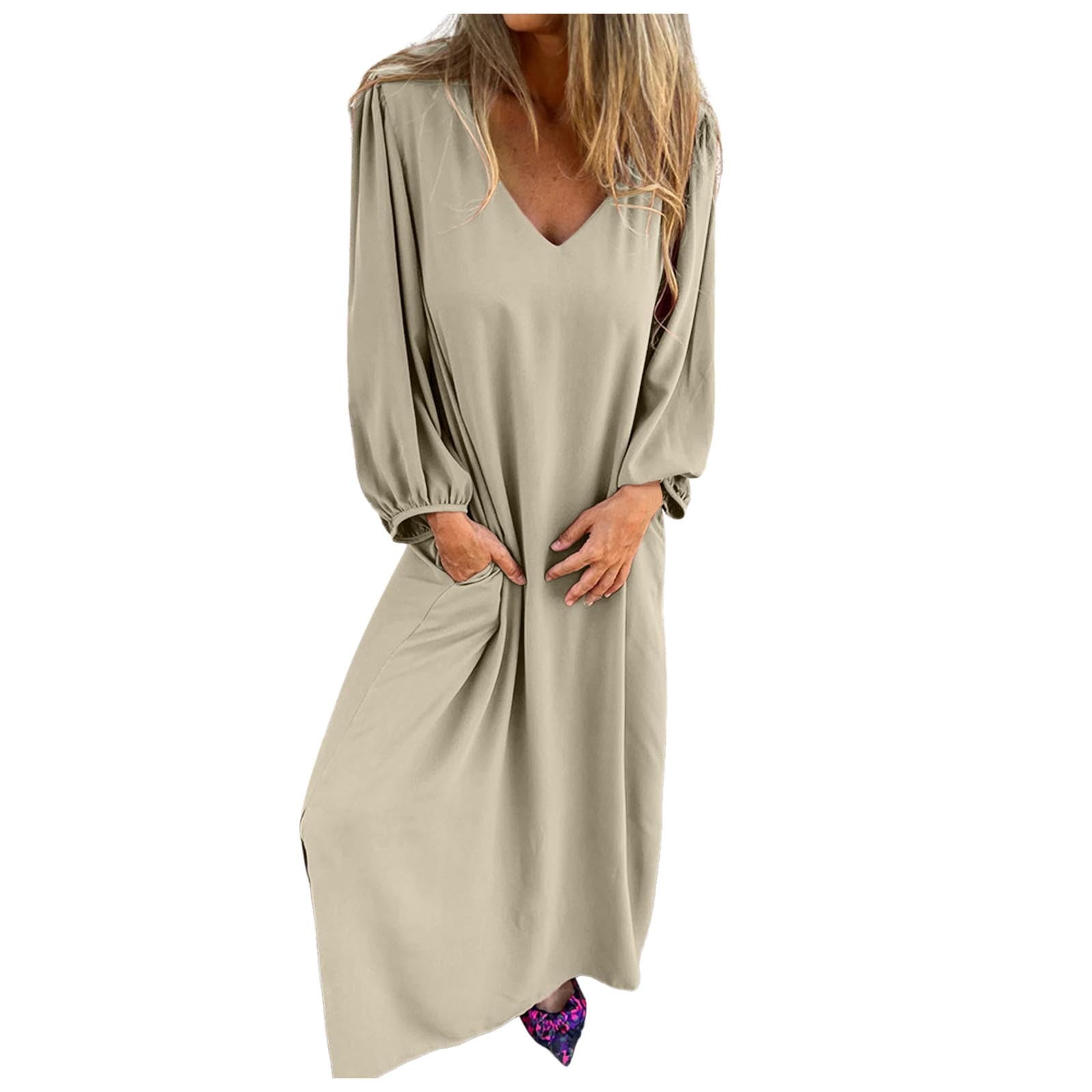 Casual Dresses For Womens Casual Fashion Solid Color V Neck Long Sleeve