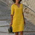 thumbnail image 1 of Casual Dresses For Womens Cotton Linen Solid Color V Neck Short Sleeve Casual Mini Dress Beachwear, 1 of 8