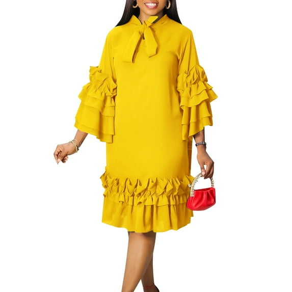 Casual Dresses For Womens Fashion Ruffle Hem Flare Sleeve Plus Size Maxi Dress