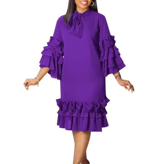 Casual Dresses For Womens Fashion Ruffle Hem Flare Sleeve Plus Size Maxi Dress