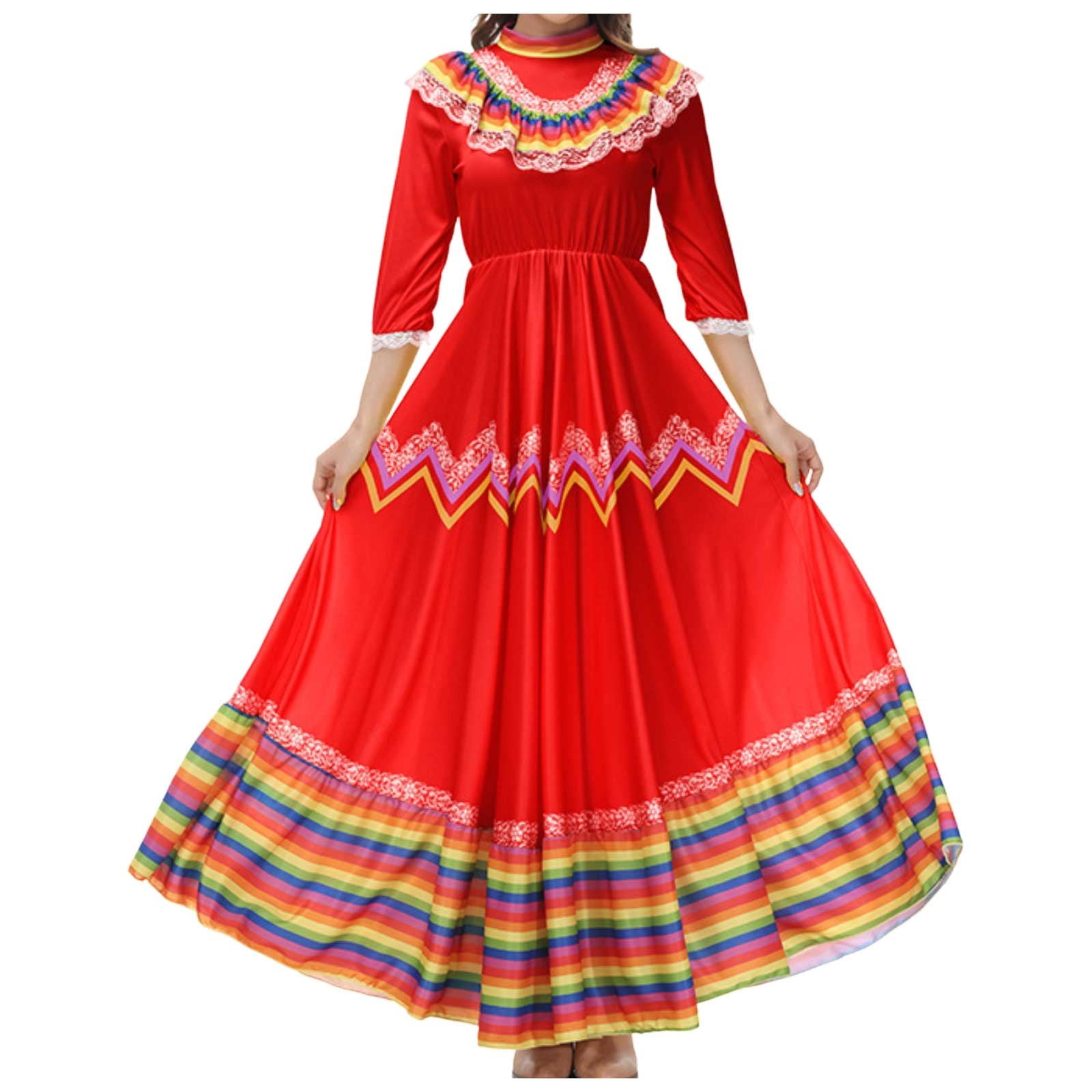 Casual Dresses For Womens Ladies Bohemian May 5 Mexican Festival  Celebration Long Wide Swing Dance Stage Show Dress Women Clothing