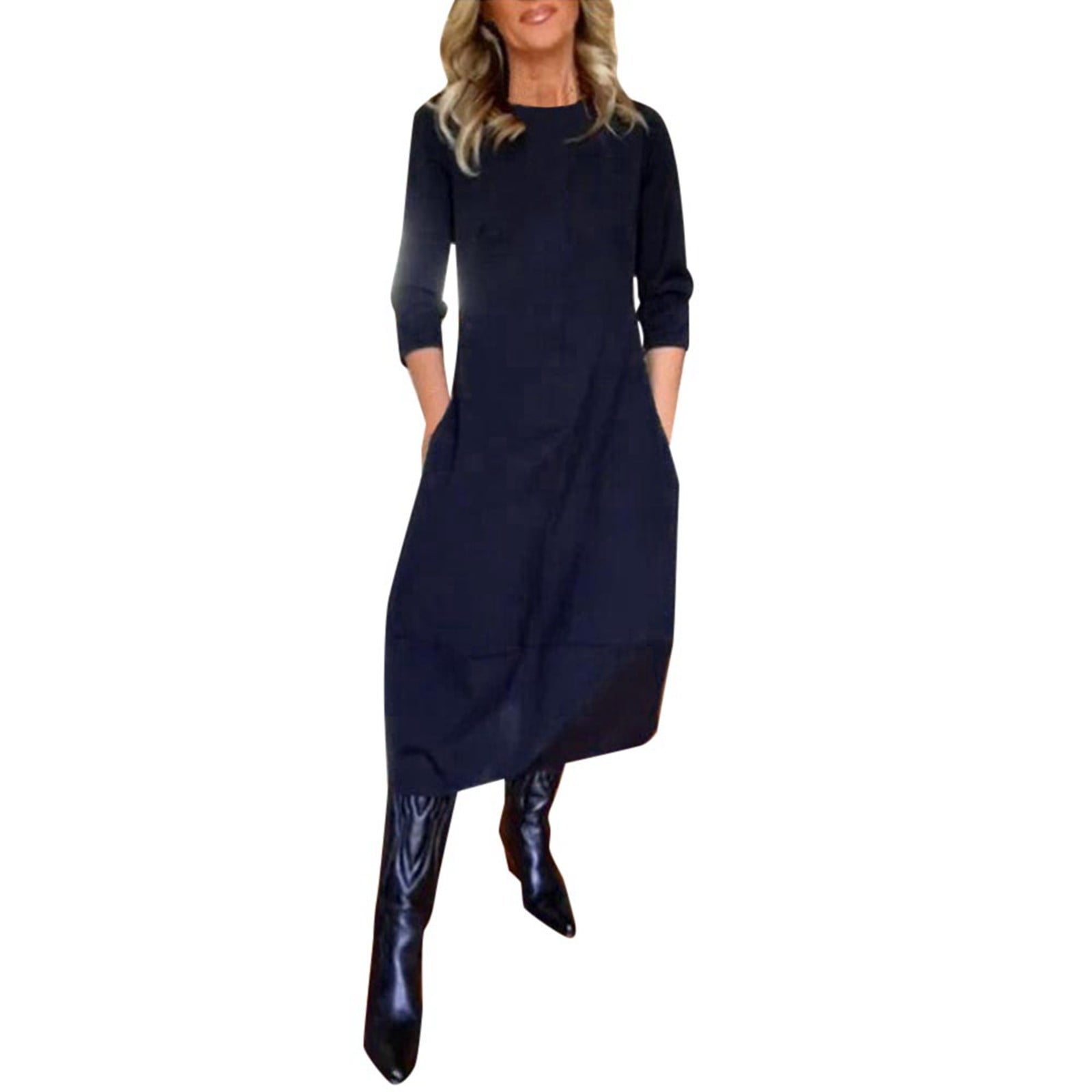 Casual Dresses For Womens Solid Color Casual Versatile Loose Round Neck
