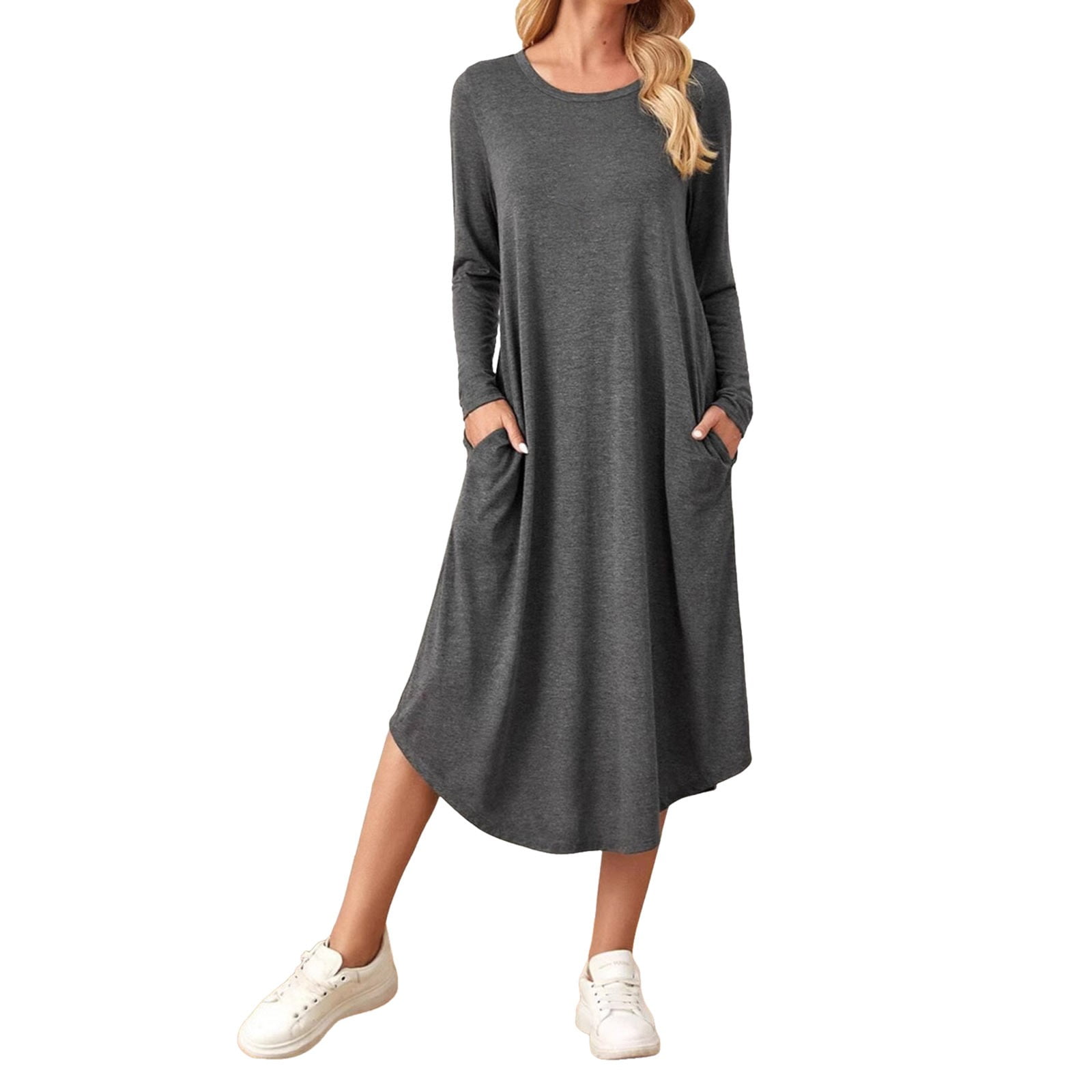 Casual Dresses For Womens Solid Color Linen Plus Size Half Sleeve Midi