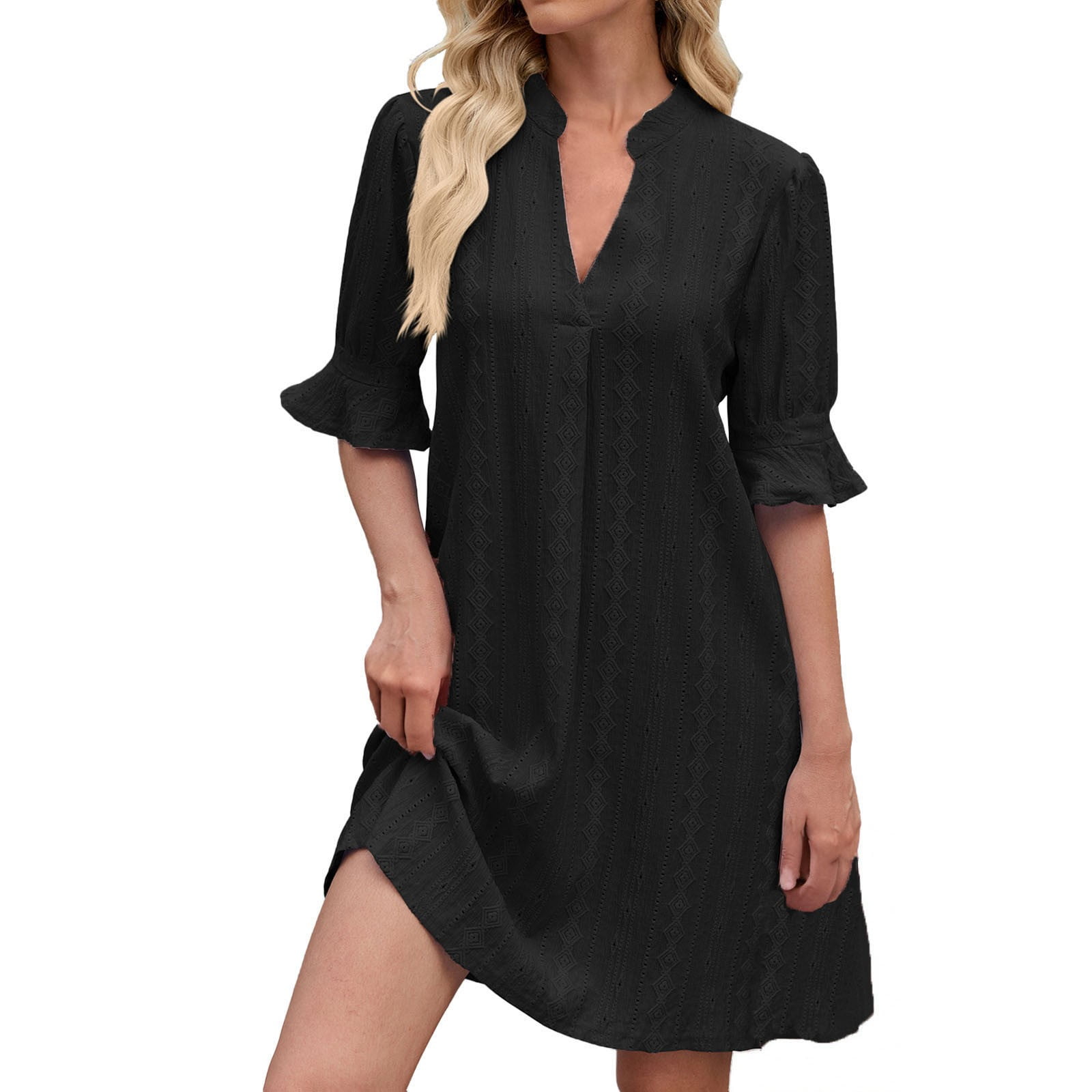 Casual Dresses For Womens Solid Color Ruffle Sleeve V Neck Casual