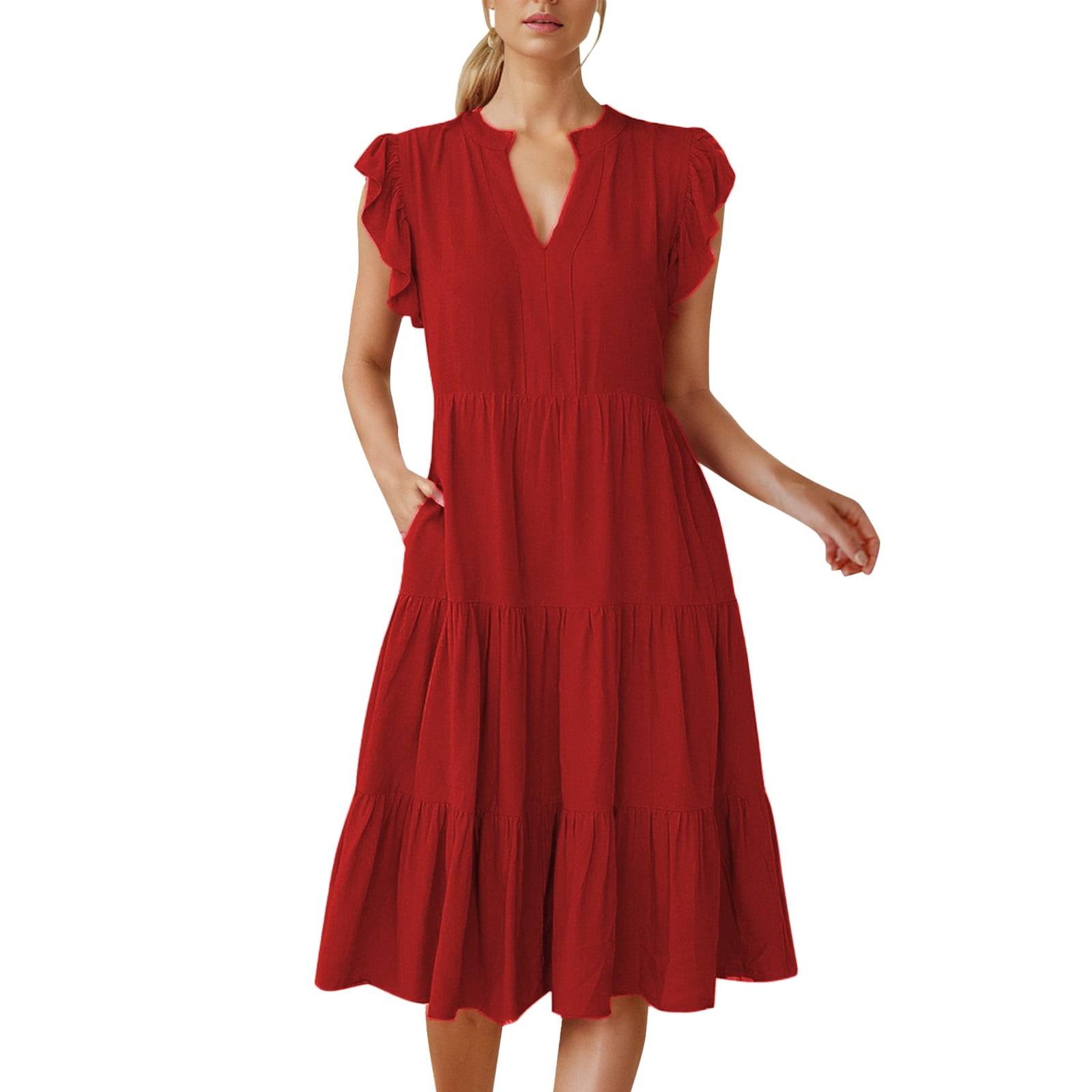 Casual Dresses For Womens Solid Color Summer Ruffle Sleeve V Neck Midi