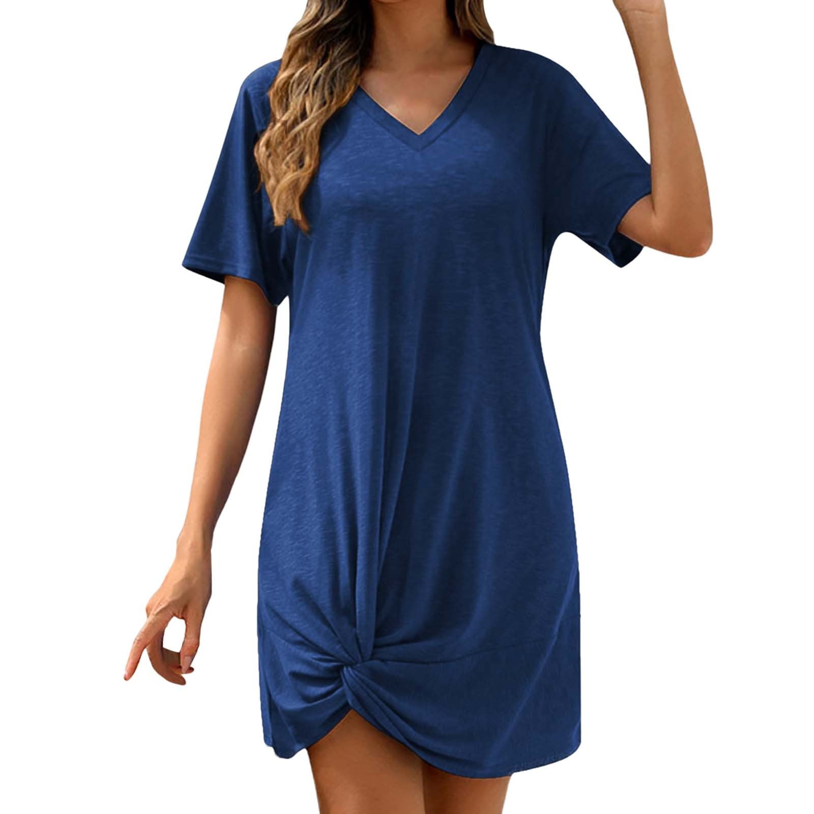 Casual Dresses For Womens Solid Color Summer V Neck Short Sleeve Side
