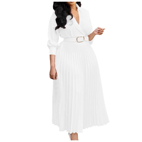 Casual Dresses For Womens Spring Fashion Solid Color Sexy V Neckplus Size Belted Waist Dress Daily-Wear
