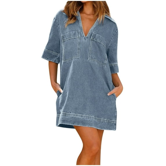 Casual Dresses For Womens Summer Short Sleeves V Neck Solid Color Boho Daily-Wear