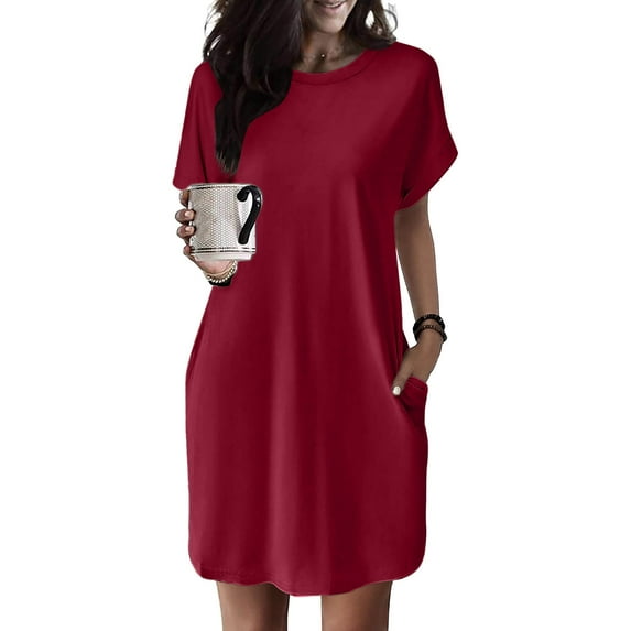Casual Dresses For Womens Summer Solid Color Crew Neck Short Sleeve Pockets Loose Casual Shirt Dress Workwear