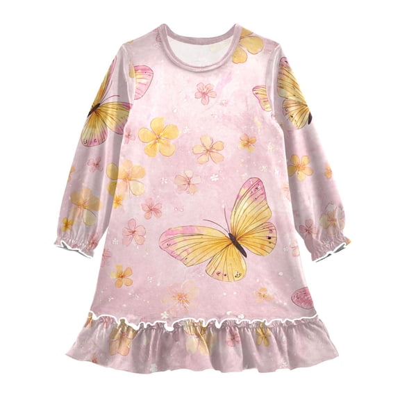 Casual Dresses Nightgowns Velvet Pleated design One-Piece Nightdress for Indoor Outdoor Daily Blush Butterflies 3-10T