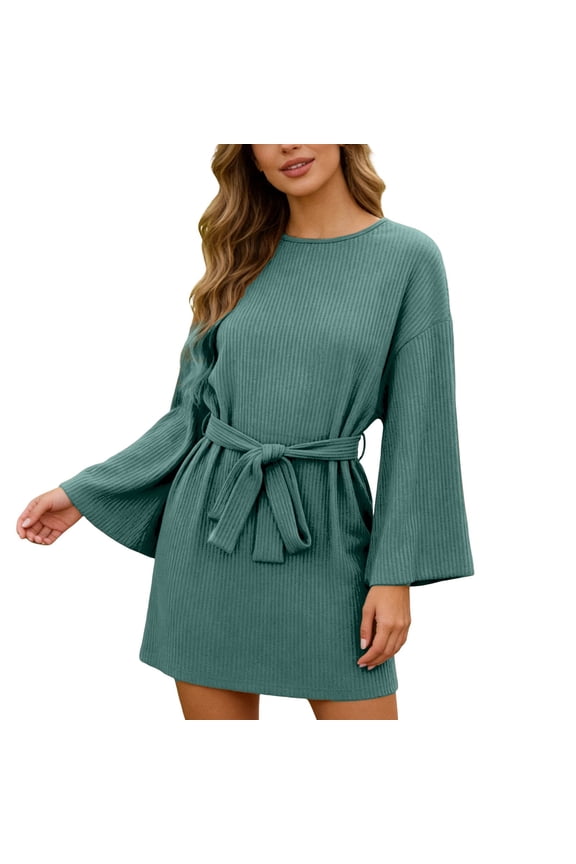 Casual Dresses Plus Size Ribbed Knit Midi Dress With Belt Detail Long Sleeve Tunic For Fall Winter And Seasons Green 2XL