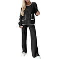 thumbnail image 1 of Casual Dresses Suit Womens Sweater Suit 2 Piece Sweatsuit Outfits Long Sleeve Knit Sweater Tops with Pockets Wide Leg Pants Soft Loungewear Sets Black XXL, 1 of 9