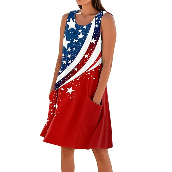 Casual Dresses For Women, American Flag Casual Tank Sundress With Pockets 4Th Of July Boho Beach Tshirt Dresses Wrap Backless Women Ruffle Dress Guest Spring Dresses Maxi (XL, Red) ZMTing