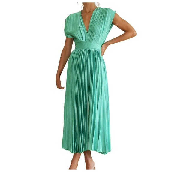Casual Dresses for Women on Clearance Summer Satin Sleeveless Pleated Midi Dresses for Women V Neck Backless Tie High Waist Flowy Cocktail Dress Womens Summer Dress New Green XL