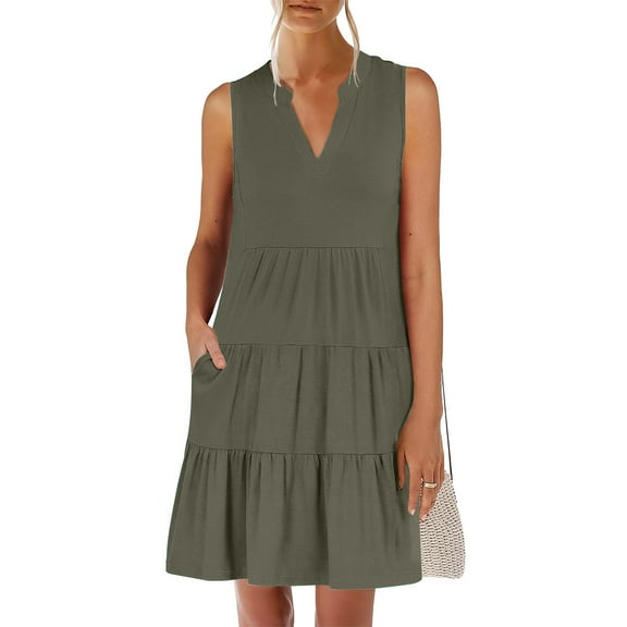 Casual Dresses for Women, Women's Solid Short Sleeve V Neck Ruffle Dresses Sexy Elegant Club Party Tunic Mini Dresses Casual Vacation Dress(Olive Green,XXL)