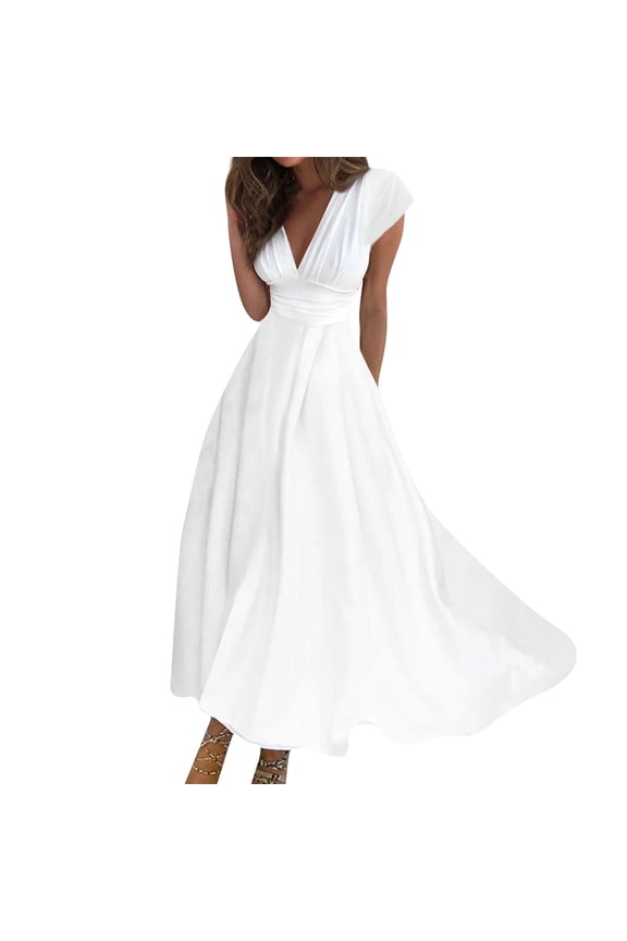 Casual Dresses For Women Deep V Neck Cap Sleeve Long Dress Solid Empire Waist High Waist Maxi Dress Ruched A Line Flowy Dress With Side Pockets Elegant Wedding Guest Evening Party Dresses