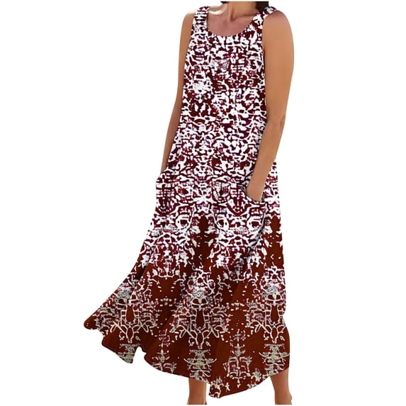 Casual Dresses for Women Elegant Casual Vintage Printed Long Dress with Wide Pockets Loose Sleeveless Round Neck Maxi Dresses Beach Tank Dress Plus Size Summer Ladies T Shirt Dresses