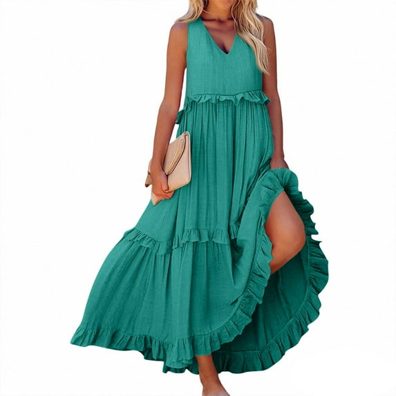 Casual Dresses For Women, Halter V Neck Sleeveless Ruffles Loose Maxi Dress Casual Elegant Beach Wedding Guest Graduation Cocktail Dress Leather Women 2025 Dresses Short (M, Army Green) ZMTing