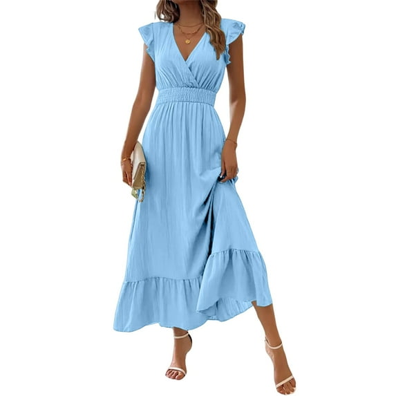 Casual Dresses For Women, High Waisted V Neck A Line Ruffle Sleeve Loose Maxi Sundress With Pockets Beach Vacation Wedding Guest Black Sweater Dress Spring Cocktail Dresses (S, Sky Blue) ZMTing