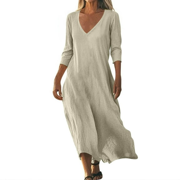 Casual Dresses For Women, Linen Beach Dress Casual Loose Fit V Neck 3/4 Sleeve Maxi Sundress Lightweight Wedding Guest Vacation Dress Womens Swim Cottagecore Dress Casual (S, Khaki) ZMTing