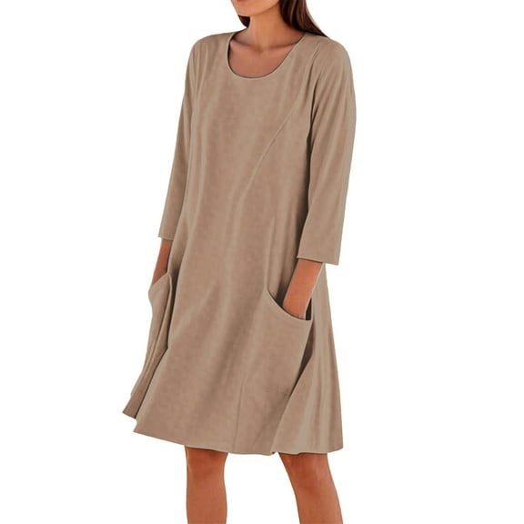Casual Dresses For Women, Loose 3/4 Sleeve Cotton Linen Solid Color Round Neck Beach Dresses With Pockets Sage Green Bridesmaid Dresses Black Cocktail Plus Dresses (S, Light Brown) ZMTing