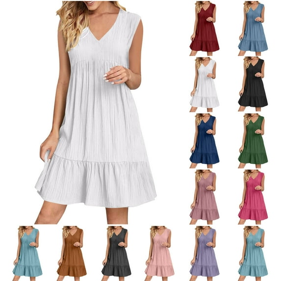 Casual Dresses for Women Summer Savings Women Summer V-neck Loose Solid Color Pleated Casual High Waisted Lace Sleeveless Dress Beach Dress Size S-2XL