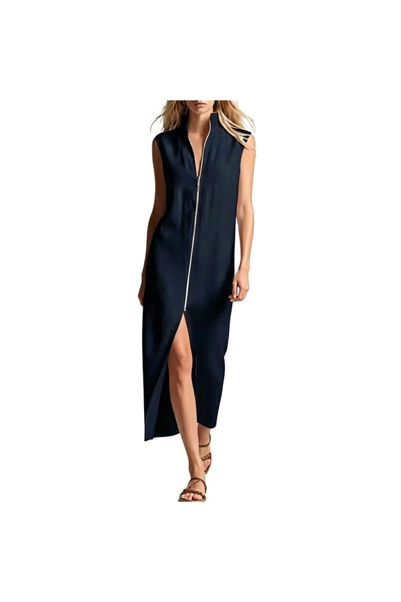Casual Dresses Women's Sleeveless Zip Front High Neck Slit Dress Crew Neck Long Casual Bodycon Midi with Side Zipper Thigh Split Solid Black L