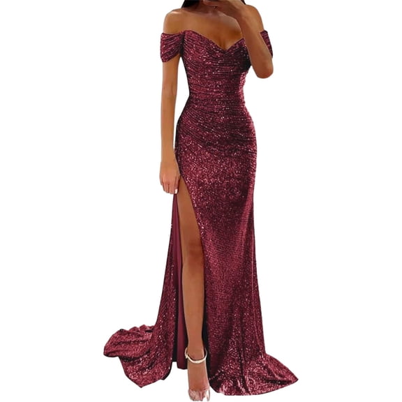 Casual Dresses For Womens Solid Color Prom Party Sequin Maxi Short Sleeve Sequins Spring Fall Winter Off Shoulder Fashion Winter Wedding Evening Party Dress Holiday Wear,Red,M