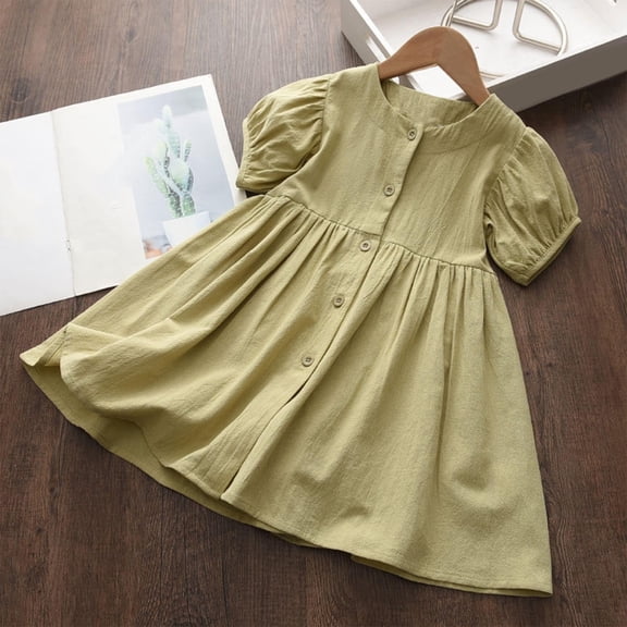 Casual Dresses for Girls Short Puffed Sleeve Size 3-8 Toddlers Kids Cute Solid Color Button Down Crewneck Lightweight Loungewear Dress