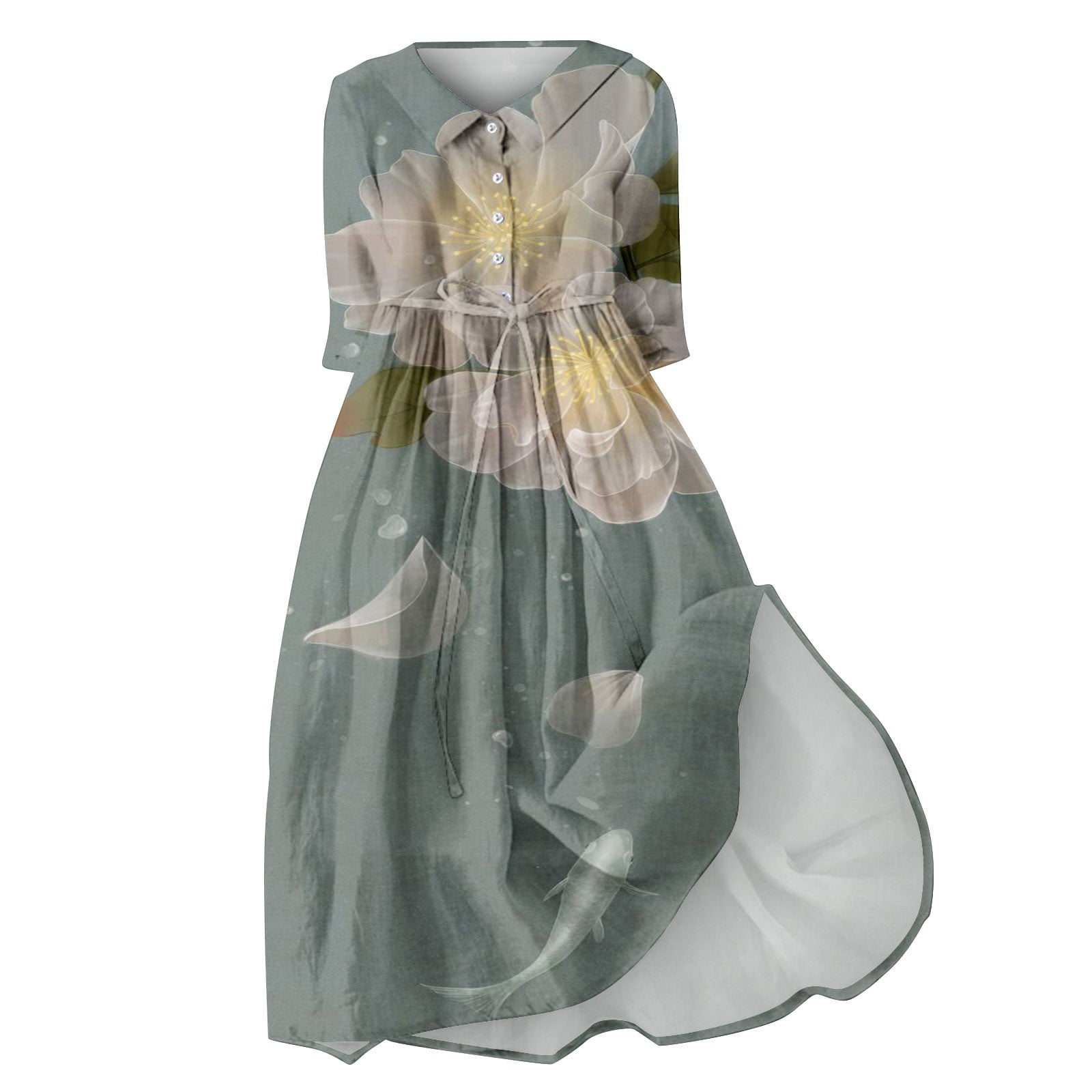 Casual Dresses for Women Casual Art Floral Print Button Mid Long Sleeve