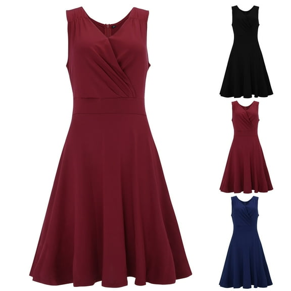 Casual Dresses for Women Classic Pleated A-Line Ruffles Dress V-Neck Minimalist Sleeveless Plus Size Sundress Black Outfits for Wedding Guest L