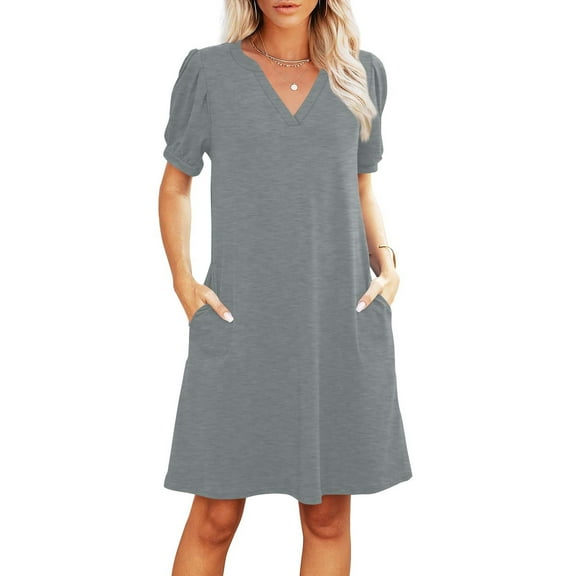 Casual Dresses for Women, Women Fashion Leisure Solid Color Summer Spring V-Neck Short Sleeved Pocket Dress(Gray,XXL)
