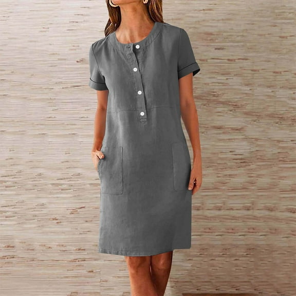 Casual Dresses for Women, Women Fashion Round-Neck Pockets Button Dress Solid Short Sleeve Dress(Dark Gray,L)