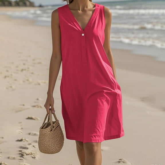 Casual Dresses for Women, Women's Fashion Crewneck Loose Half Sleeve Solid Knee-length Dress(Watermelon Red,XXL)