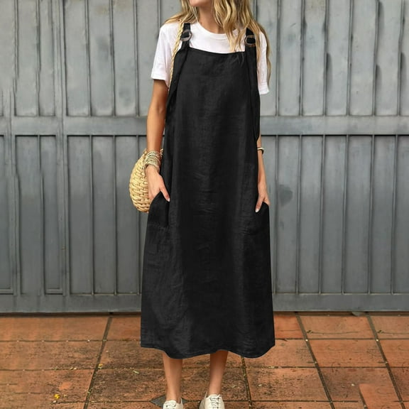 Casual Dresses for Women, Women's Fashion Holiday Summer Solid Color Sleeveless Hollowed Out Party Midi Beach Dress(Black,XL)