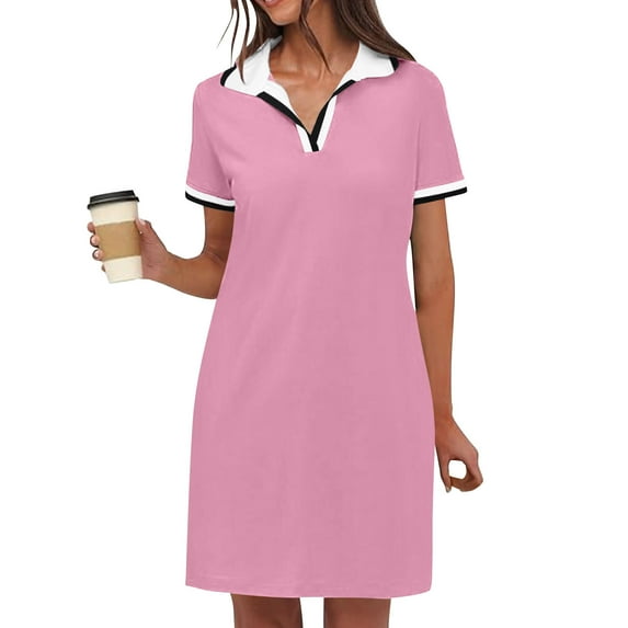 Casual Dresses for Women Clearance, Women’s Solid Dresses Short Sleeve V Neck Casual Summer Tennis Mini Shirt Dress With Pockets(Pink,XXL)
