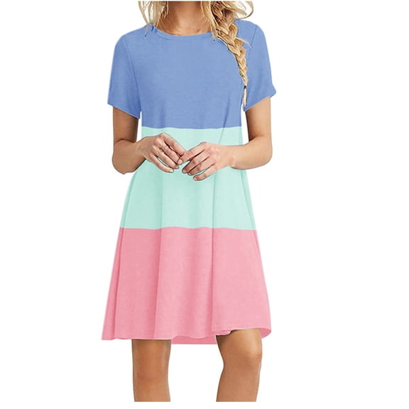 Casual Dresses for Women Crewneck Color Block Short Sleeve Tshirts Dress Loose Fit Summer Knee Length Tunic Dress