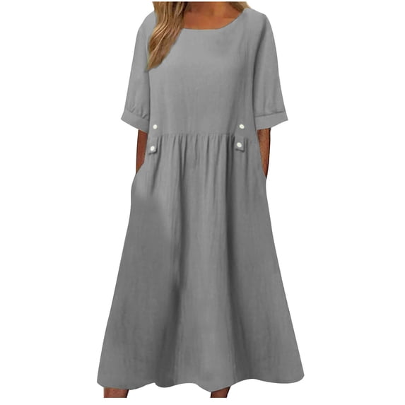 Casual Dresses for Women Crewneck Short Sleeve Cotton Linen Dress Solid Loose Flowy Vacation Long Dress with Pockets