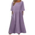 thumbnail image 1 of Casual Dresses for Women Crewneck Short Sleeve Cotton Linen Dress Solid Loose Flowy Vacation Long Dress with Pockets, 1 of 8