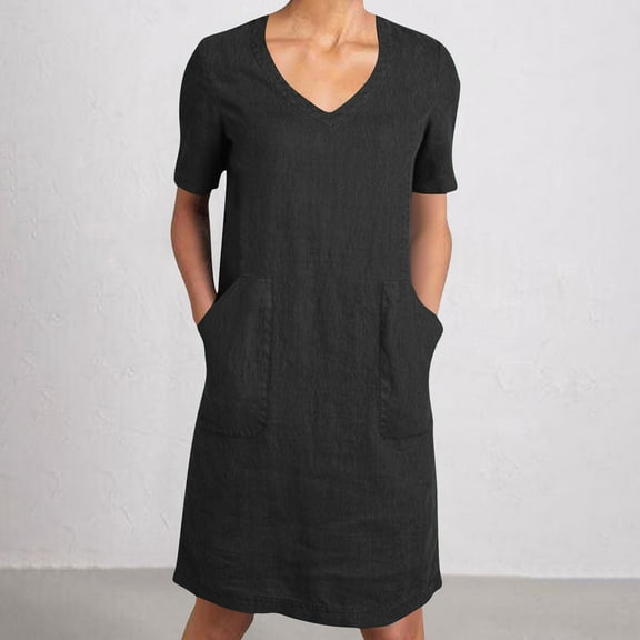 Casual Dresses for Women Fashion Solid Color V-Neck Mid-Length Dress Cotton and Linen Slim Fit Short Sleeve Sundress