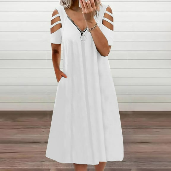 Casual Dresses for Women Fashion Women Casual V-Neck Short Sleeve Zipper Pocket Solid Loose Dress Casual Loose Flowy Swing Shift Dresses