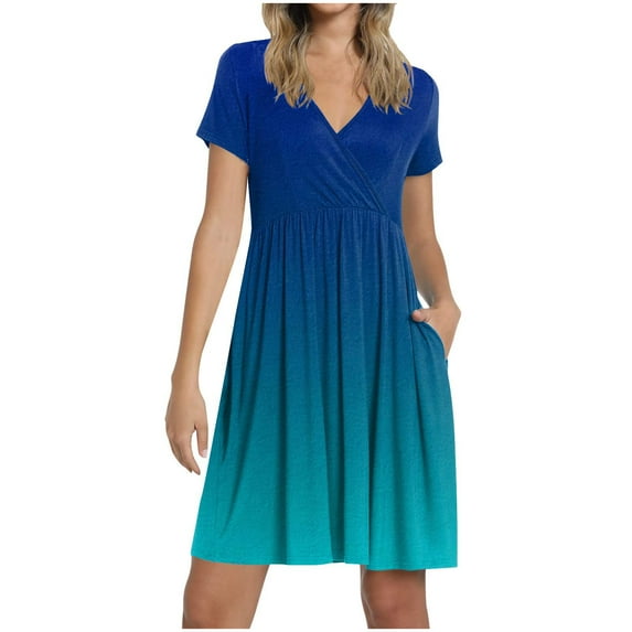 Casual Dresses for Women Gradient Color V Neck Short Sleeve Pockets Pleated Mini Dress Ladies Beach Summer Dresses