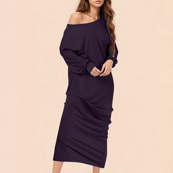 Casual Dresses for Women,Ladies' Casual Trendy Large Loose Solid Color Round Neck Comfortable Soft Long Dress long Sleeved Ankle DressPurple S-2XL
